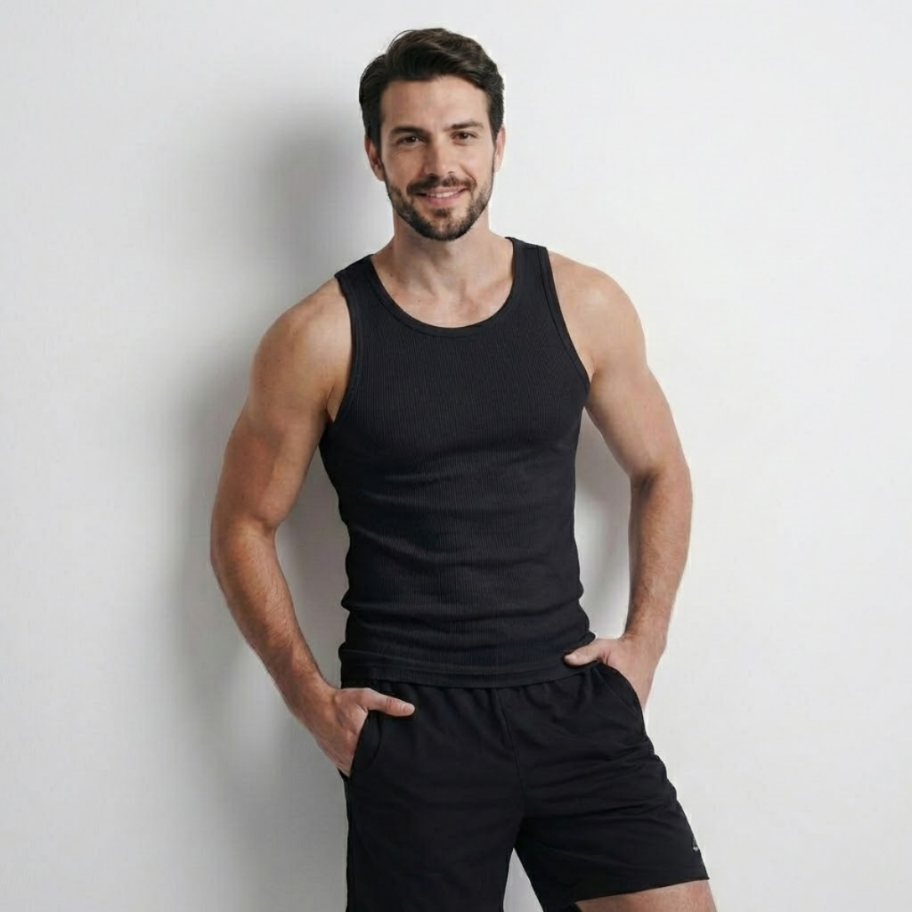Regata Básica Masculina Canelada Ribana Algodão Elastano Americano Slim Fit