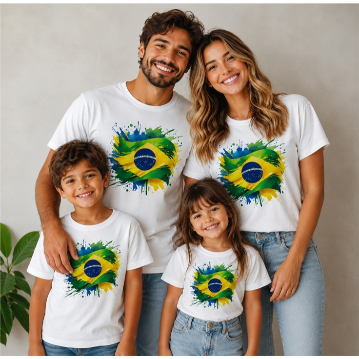 Camiseta Brasil feminina Bandeira Nacional Familia babylook unissex infantil