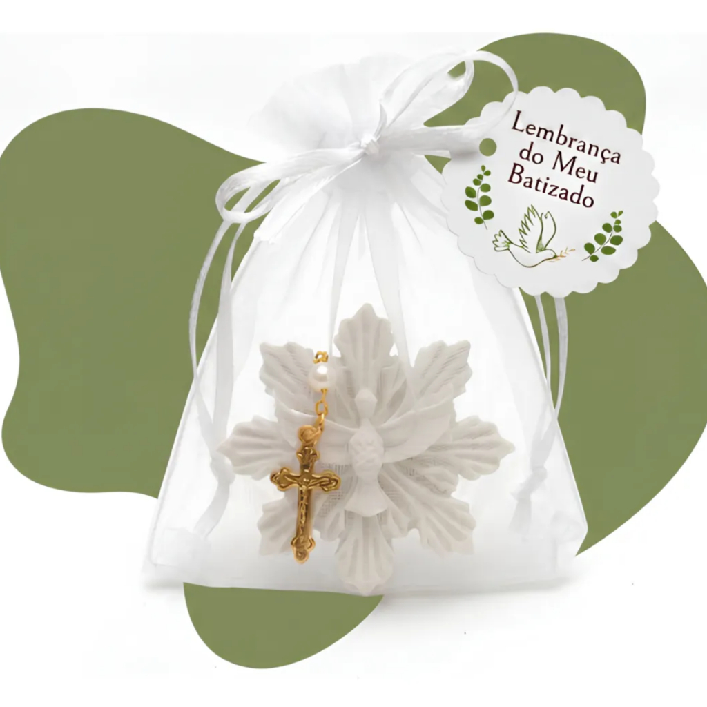 Kit 10 Lembrancinha Batizado Imã Espirito Santo E Mini Terço