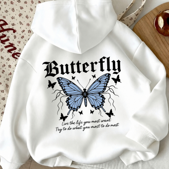 Moletom Butterfly Estampado Oversized Unissex | Casual, Streetwear, Confortável, Flanelado, Branco e Preto