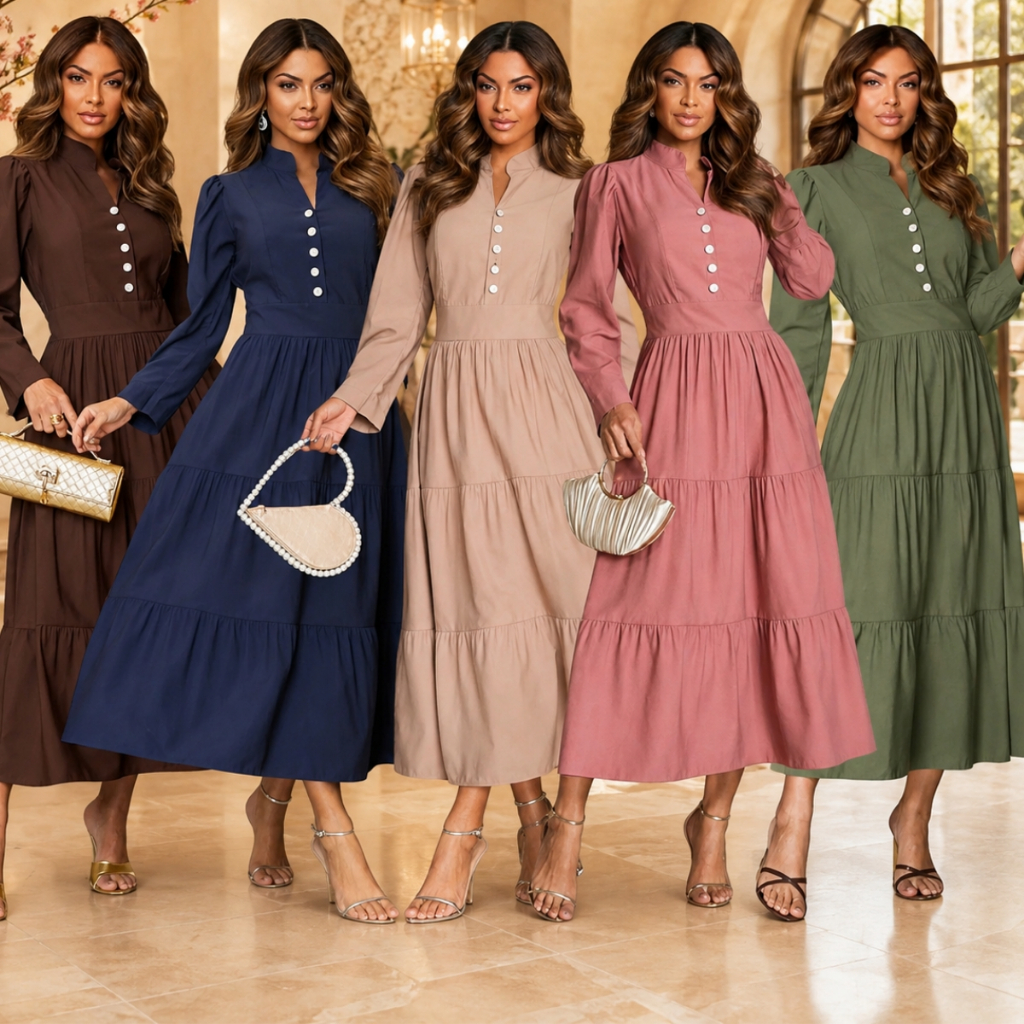 Vestido Evangélico Mídi 3 Marias Manga Longa com Botões Frontais, Tecido Sensorial Elegante, Confortável, Modesto e Chic