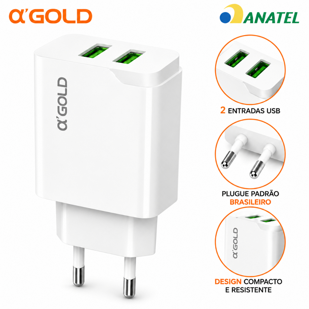 Fonte Carregador 2 Usb Rápido 3.1a Bivolt Original A'gold