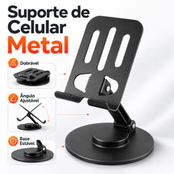 Suporte Alumínio de Mesa Base Rotatória Ajustável 360º Para Smartphones e Tablets