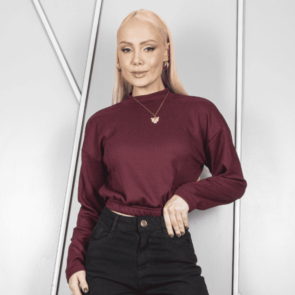 Casaco Feminino Canelado Gola Média Manga Longa Inverno Elegante Confortável Ajustado Malha Quente