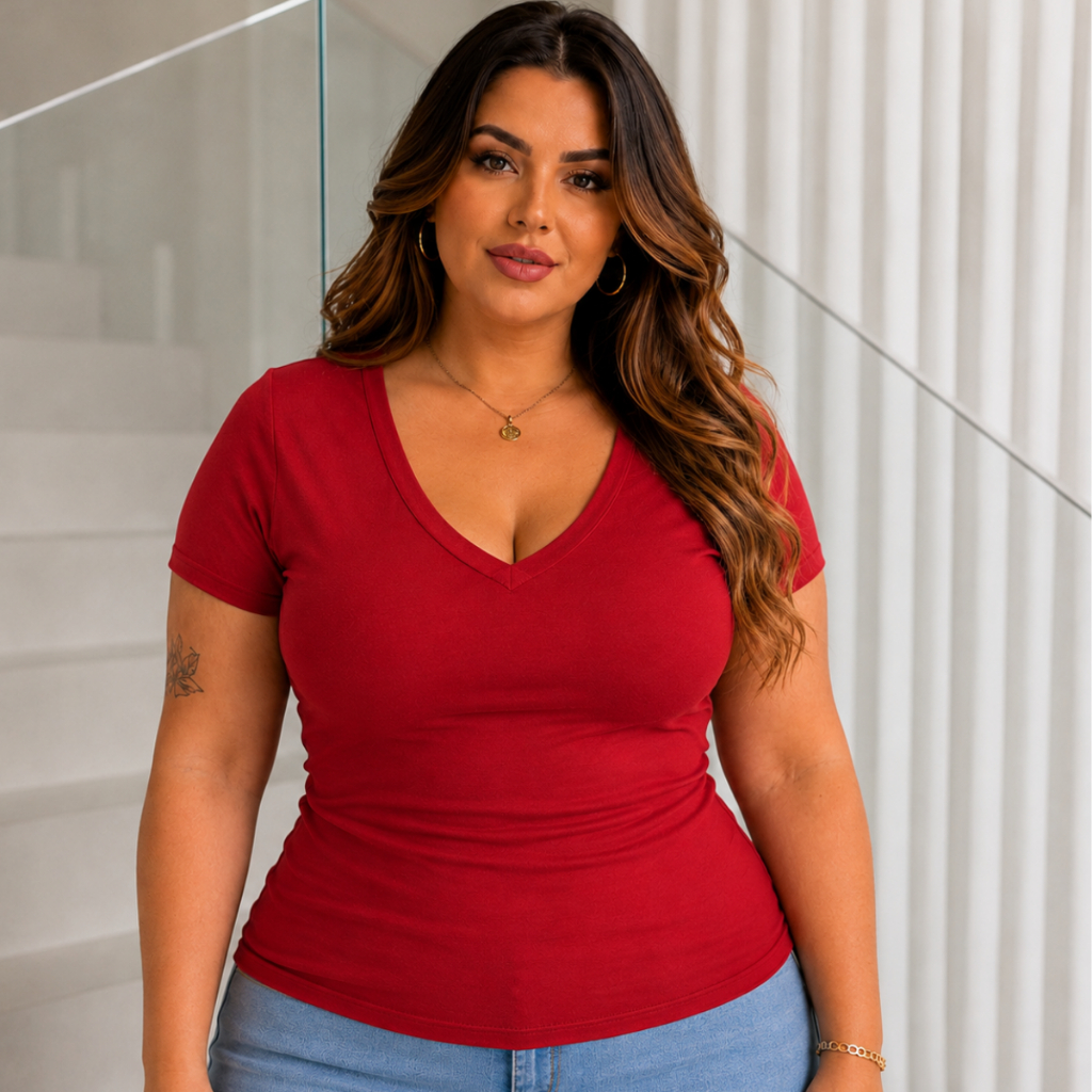 Blusa Feminina Plus Size Gola V Viscolaycra Tamanho Grande Baby Look Básico G1 G2 G3 Marrom Branco Enfermagem