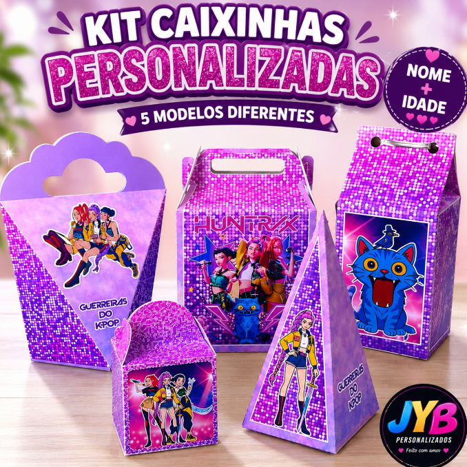 Kit Festa Guerreiras do K-Pop Caixinhas Personalizadas | Lembrancinhas Aniversário | 5 Modelos | Nome e Idade