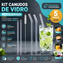 Kit 4 Canudos de Vidro Reutilizáveis Retos e Curvos com Escova de Limpeza para Sucos Drinks e Bebidas
