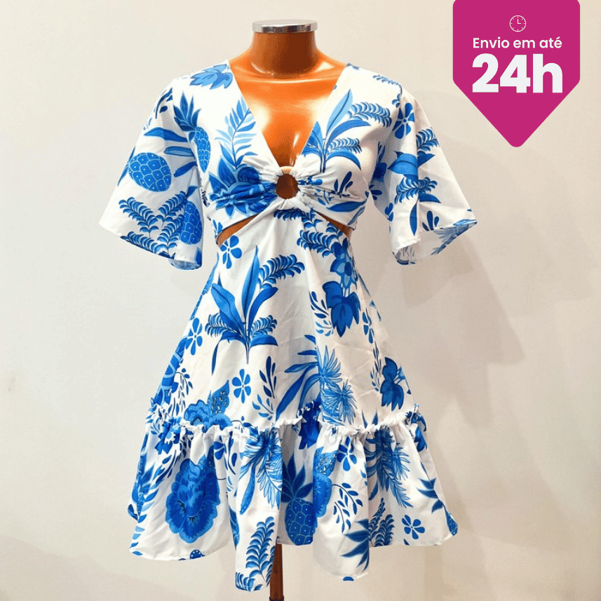 Vestido Feminino Curto Estampado Tropical Crepe Barbie Manga Curta Decote V Babado Soltinho Elisa