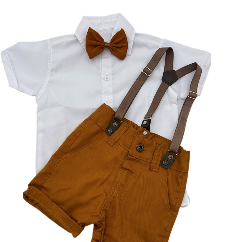 Roupa de menino social infantil para Casamento batizado Camisa Gravata Bermuda e Suspensório