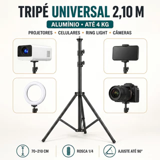 Tripé Universal Profissional 2,10m em Alumínio para Projetores, Celulares, Ring Light e Câmeras
