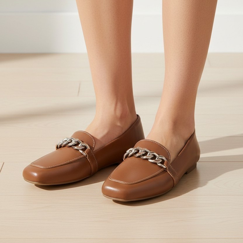 Sapatilha Mocassim Feminino  Caramelo Casual Chic  com Corrente Sapato Confortável e Elegante 34 ao 40