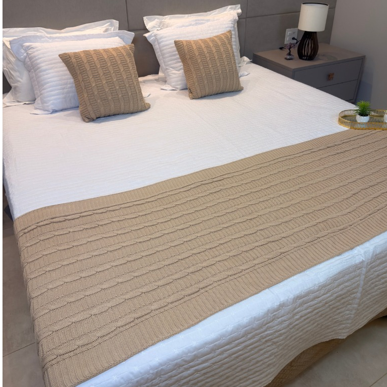 Kit Peseira Cama Casal Queen King Manta de Tricot + 2 Capas de Almofada Para Cama Sofá Decoração FI