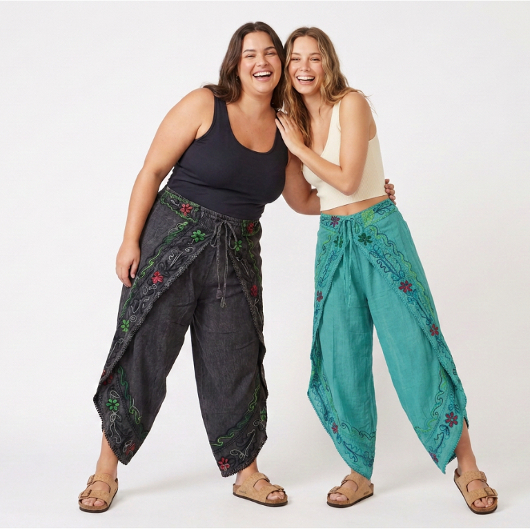 Calça Indiana Pantacourt Estonada Bordada Fenda Lateral Boho Hippie Punjabi