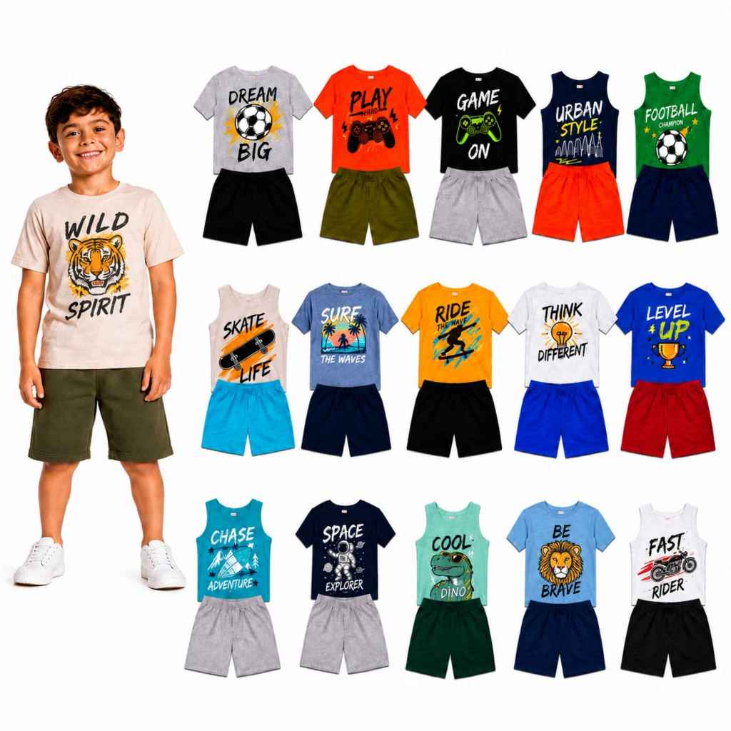 Kit 10 peças Conjunto Verão 5 Camisetas + 5 Bermudas Infantil Masculino/Menino Estampa Sortida