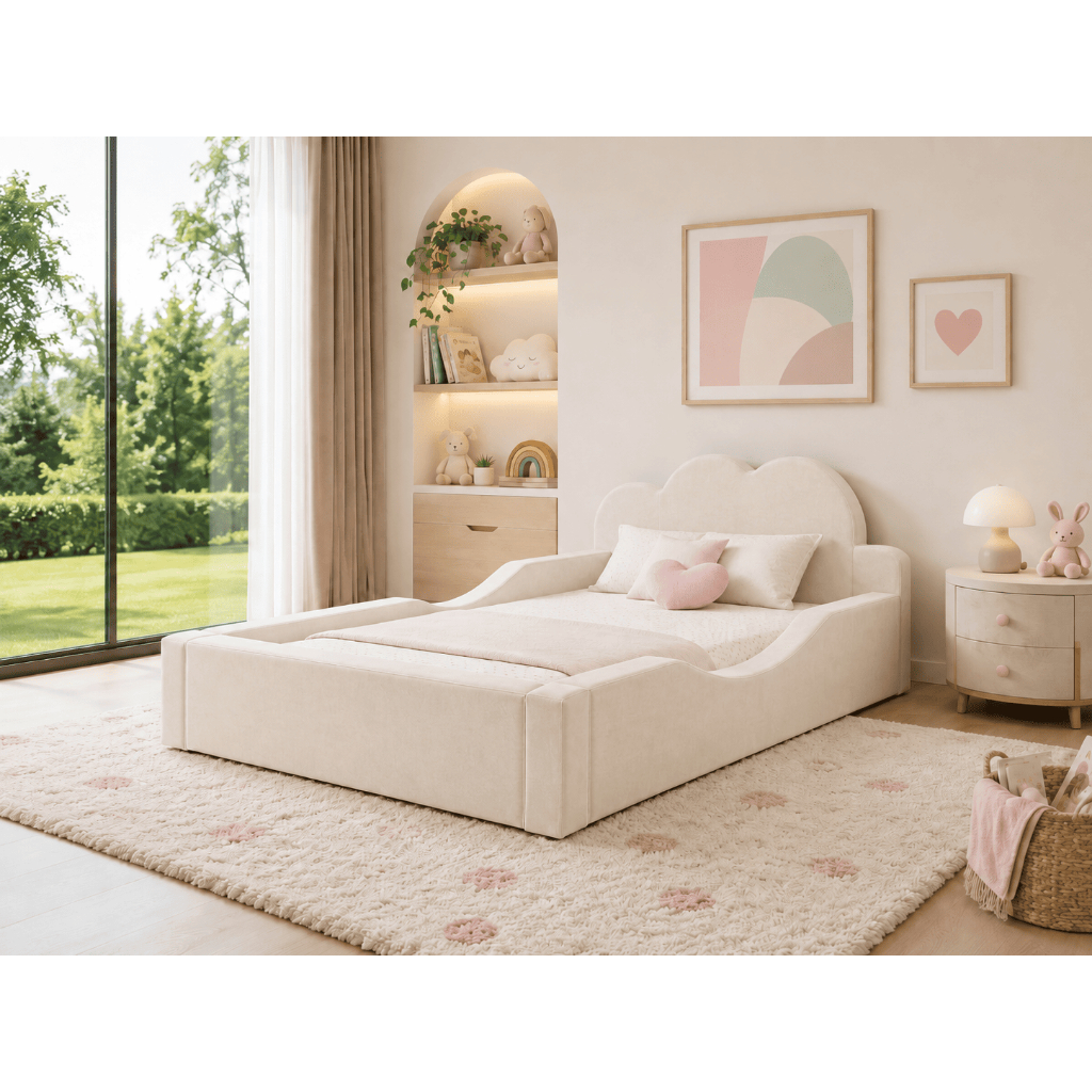 Mini Cama Infantil Pompom Montessoriana Colchão Incluso Espuma D26 Menina Menino Proteção Lateral