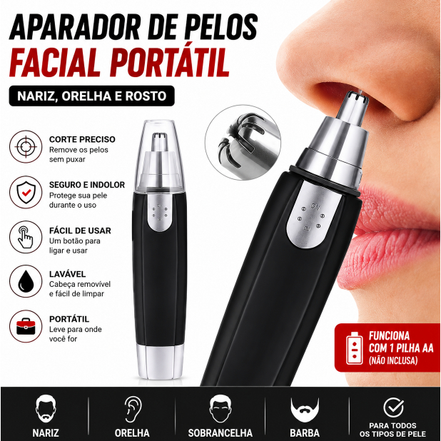 Aparador de Pelos Facial Elétrico Portátil para Nariz, Orelha, Sobrancelha e Barba