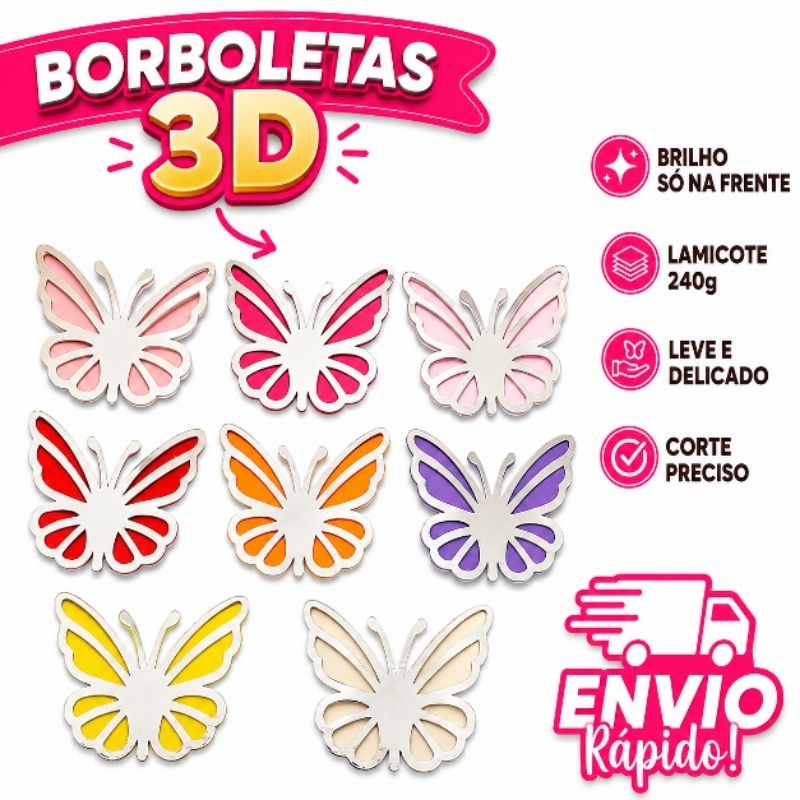 Aplique Borboleta 3D em Lamicote 240g | PRATA I Jardim das Borboletas | Jardim Encantado | Festa e Lembrancinhas