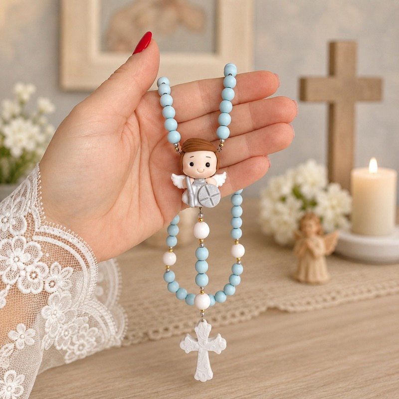 Terço batizado Arcanjo São Miguel Anjo Protetor kit com caixa de presente e organza terço para berço terço infantil