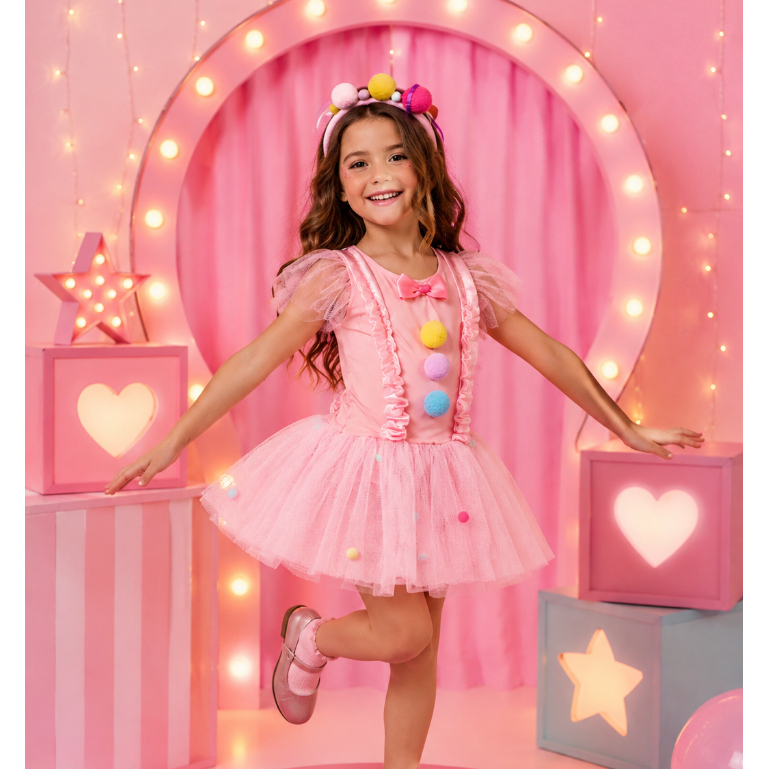 Fantasia Infantil Palhacinha Rosa Circo Menina Vestido + Tiara Completa