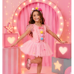 Fantasia Infantil Palhacinha Rosa Circo Menina Vestido + Tiara Completa