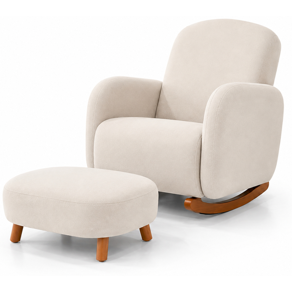 Poltrona Balanço Luxo Orgânica Boucle Bege ou Cinza com Puff para Sala Moderna