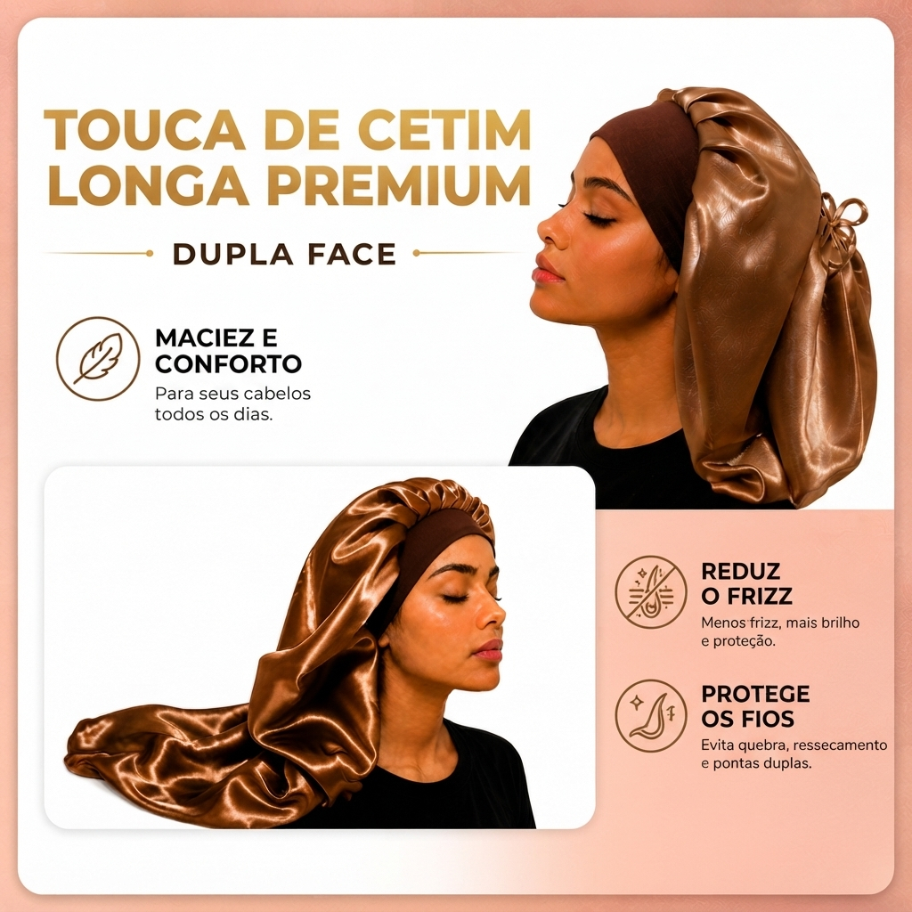 Touca de Cetim Longa Premium com Faixa Ajustável para Dormir Cabelos Longos Antifrizz Adulto