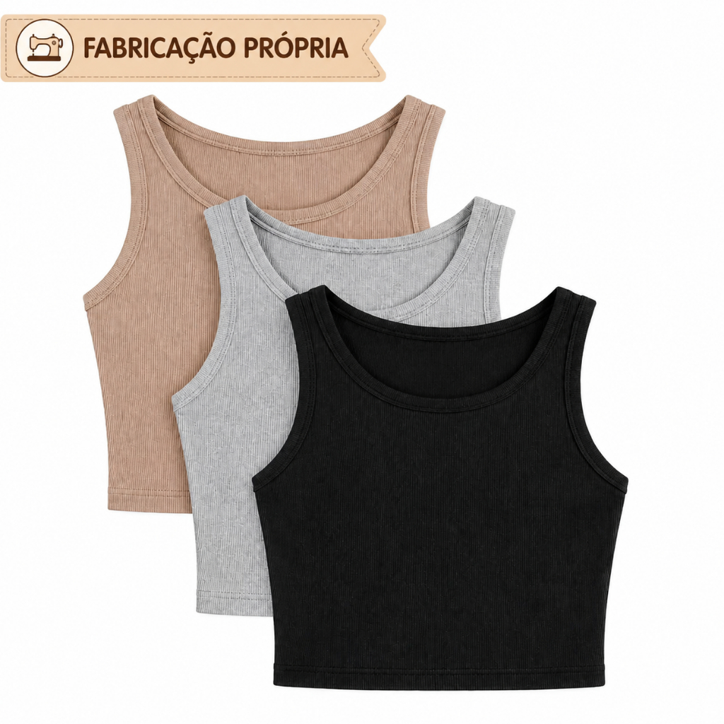 Kit 3 ou 1 Cropped Regata Feminino Canelado Gola Redonda Blusa Básica Casual Academia Feminina Crooped Regatinha Cropet