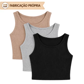 Kit 3 ou 1 Cropped Regata Feminino Canelado Gola Redonda Blusa Básica Casual Academia Feminina Croop
