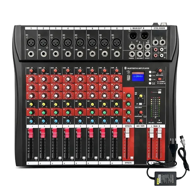 Console De Mixagem Digital 8 Canais Mesas de Som Bluetooth USB Mixer Mp3 Player Phantom +48V Integrada 110/220V