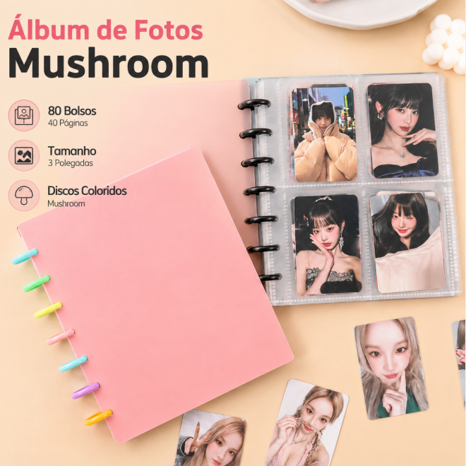 Álbum de Botões de Cogumelos com 80 Bolsos de 3 Polegadas para Armazenamento de Cartões e Papelaria