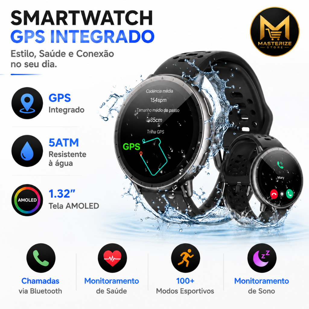 Smartwatch Relógio Inteligente 1.32” AMOLED GPS Integrado 5ATM Chamadas Bluetooth Monitoramento de Saúde Completo