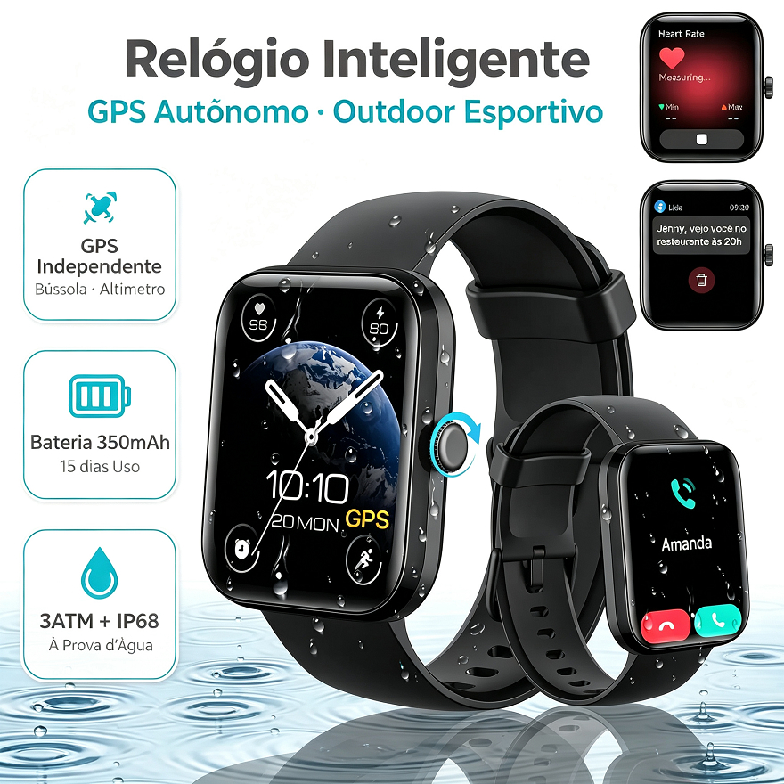 NOVANTE Relógio Inteligente Esportivo GPS Autônomo Chamadas Bluetooth Tela HD 1.85" 3ATM À Prova D'água Bateria 350mAh
