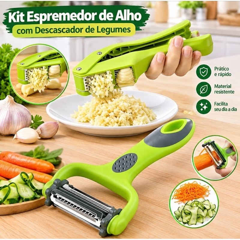 Kit Espremedor Amassador de Alho 2 em 1 com Descascador de Legumes 3 em 1 Inox