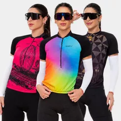 Conjunto Ciclismo Feminino Camisa Manga Curta + Manguito Branco Bike Pedal Uv