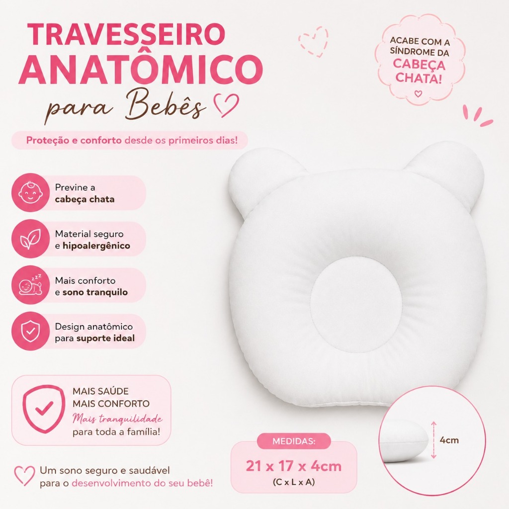 Travesseiro Anatômico Berço Carrinho Conforto Bebê Estampas Menino Menina Neutro