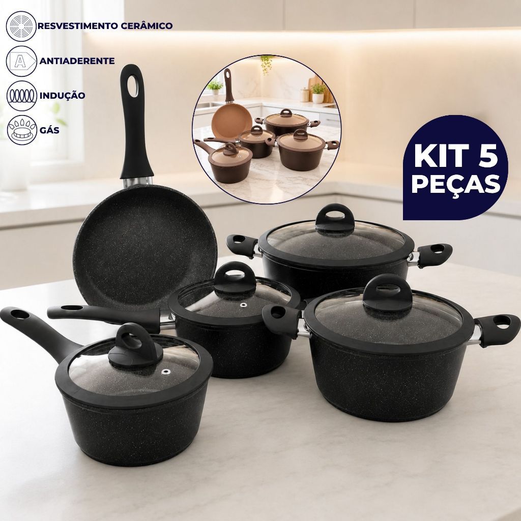 Conjunto de 5 Panelas Revestimento Cerâmico Antiaderente Fogão Indução e à Gás Viena