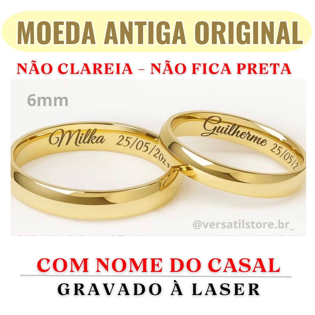 Par de Aliança Moeda Antiga + Gravação | Aliança Tradicional 6mm Noivado Casamento