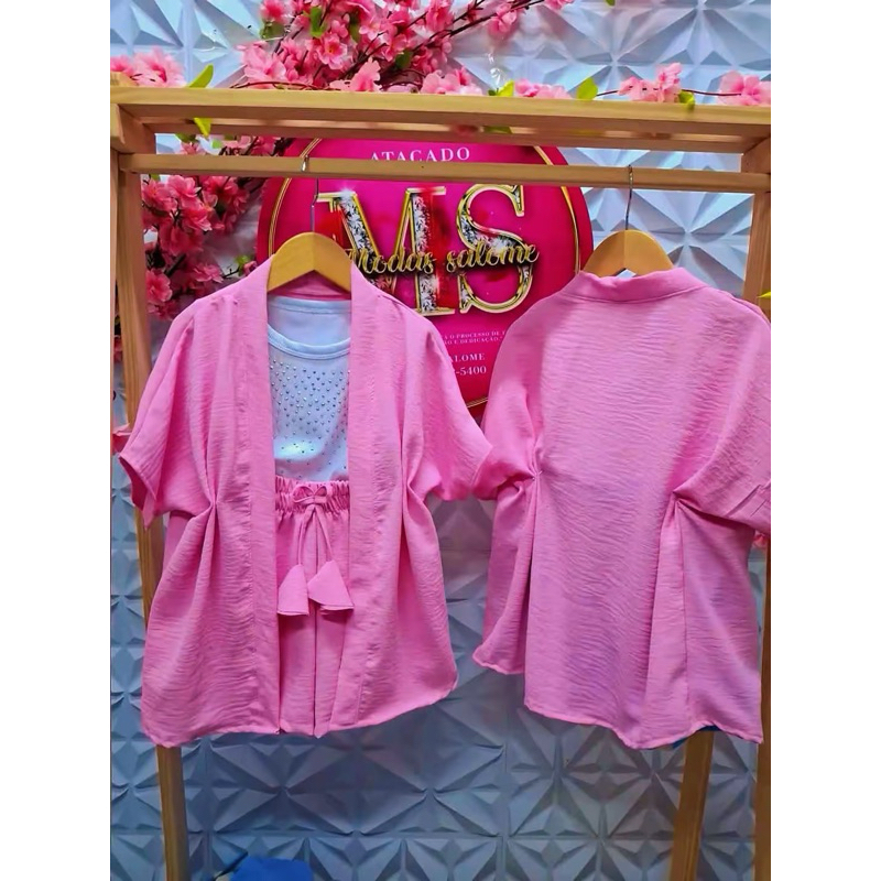 kimono juvenil e infantil 2 peças verão  tejido duna liso  elegante