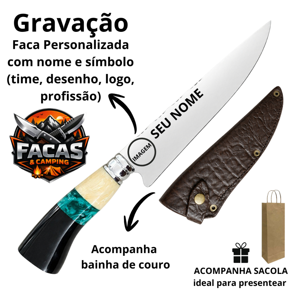 Faca de Resina Premium Personalizada com Nome Figura Bainha de Couro Churrasco