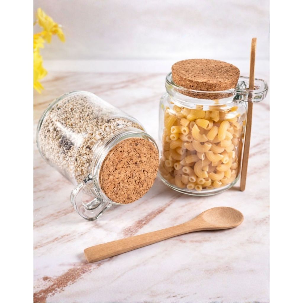 Pote Vidro Colher Bambu Tampa Rolha Saleiro Tempero