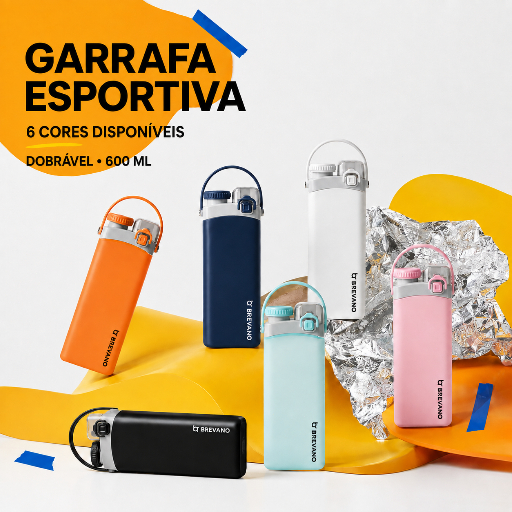 Garrafa Dobrável de Silicone com Canudo e Alça Antivazamento