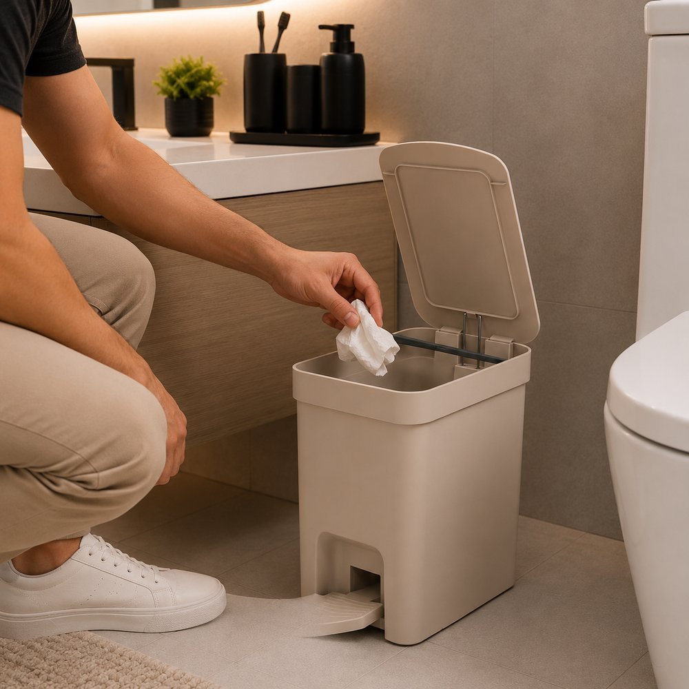 Lixeira Pedal Compacta Capacidade 6 Litros Residencial Escritorio Bege e Branca Resistentes