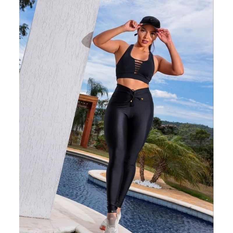 Legging Cirrê Poliamida  AJUSTE CÓS  Academia Feminina Cós Alto Com Amarração Cordão  Calça Brilho Zero Transparencia