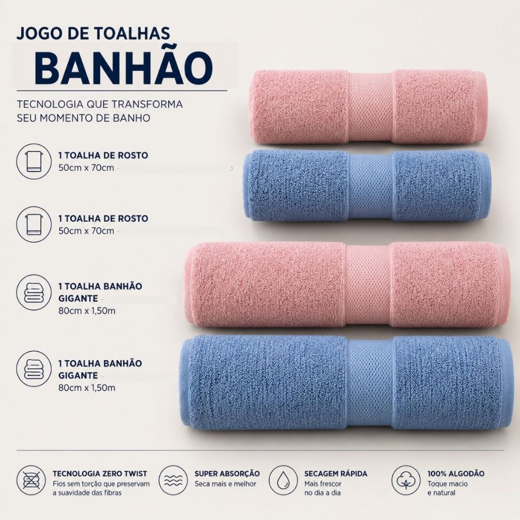 Jogo de Toalhas Banhão Gigante Grossa 500g/m²100% Algodão 4 Peças Casal Zero Twist Super Soft Corttex
