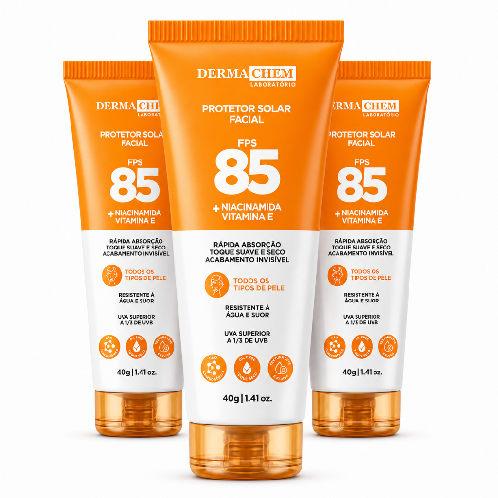 Kit 3 Protetor Solar Rosto fps 85 Toque Seco  Resistente a Agua e Suor Dermachem