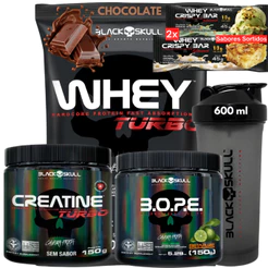 Whey Turbo 907g + Creatina Turbo 150g + Pré Treino 150g + Coqueteleira + 2 Whey bar (Brinde) - Kit Black Skull