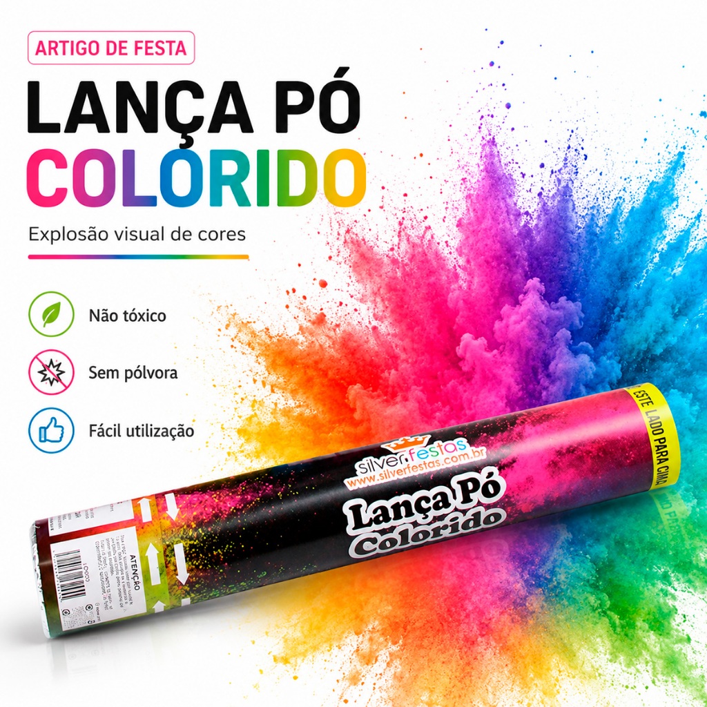 Lança Confete Em Pó Colorido 30cm Não Toxico Artigo Para Festas e Eventos Silver Festas