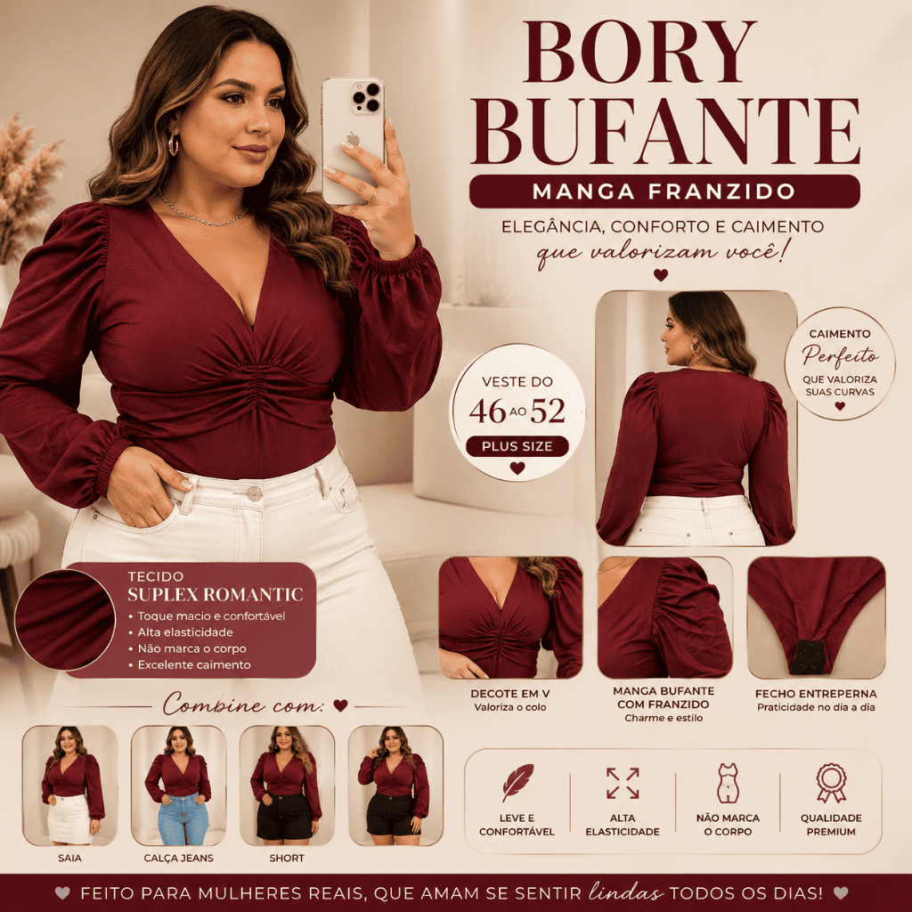 Body Feminino Bufante Suplex Manga Longa Plus Size G1 Elegante Confortavel Decote En V