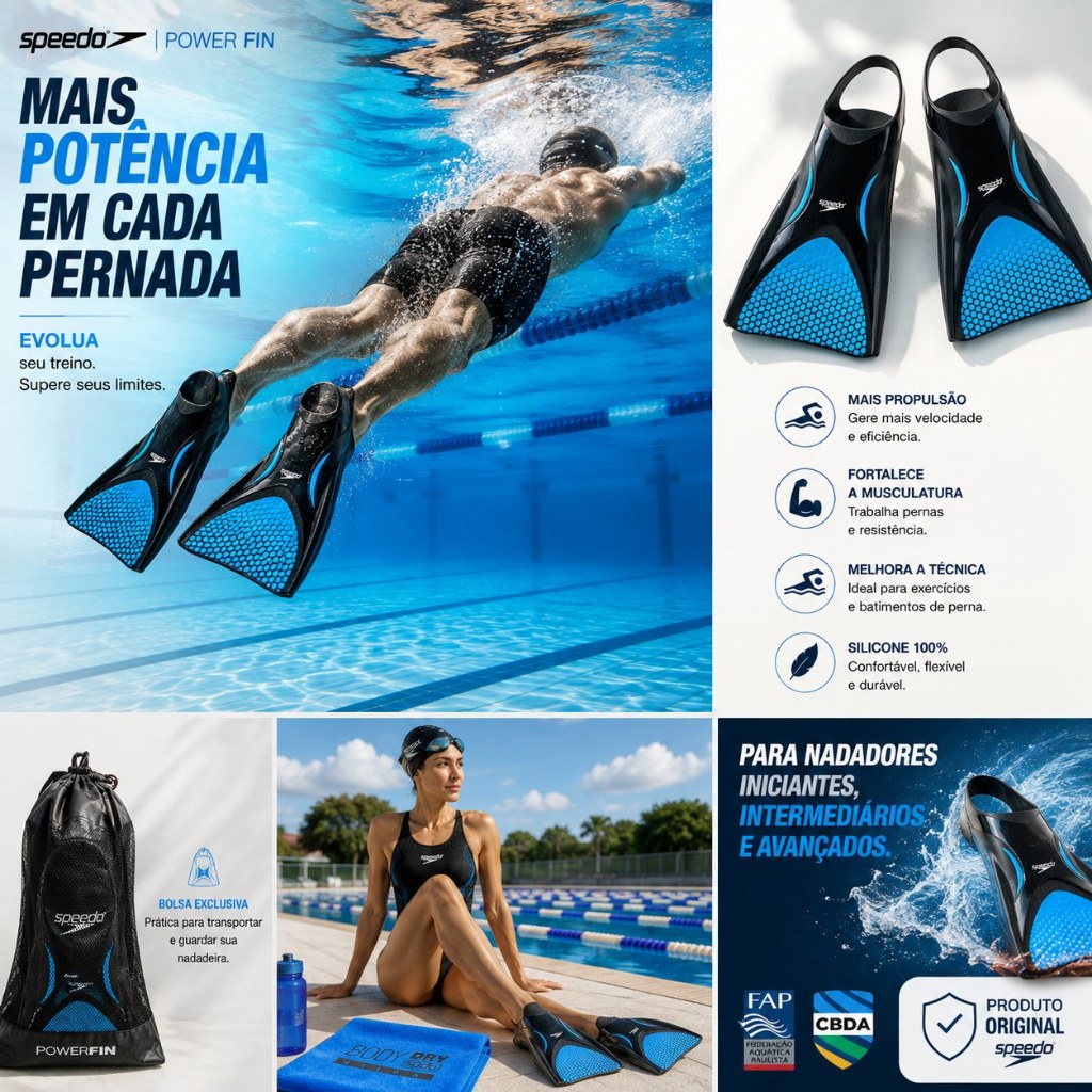 Nadadeira Natação Speedo Pé de Pato Power Fin Silicone Original + Sacola drenante