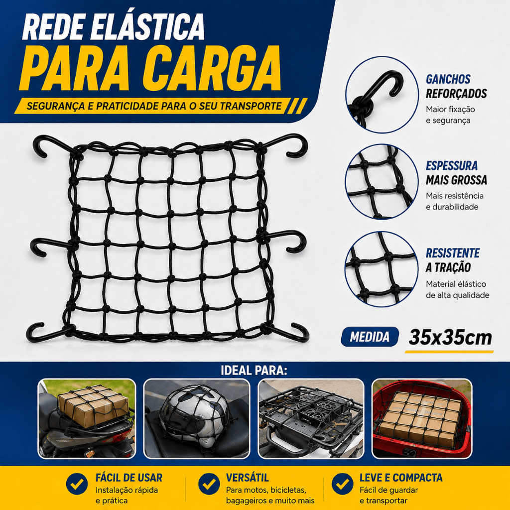 Rede Elástica para Carga Moto 35x35cm com Ganchos Reforçados Bagageiro Capacete Universal